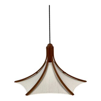 Teak and linen umbrella pendant by Domus, 1970s