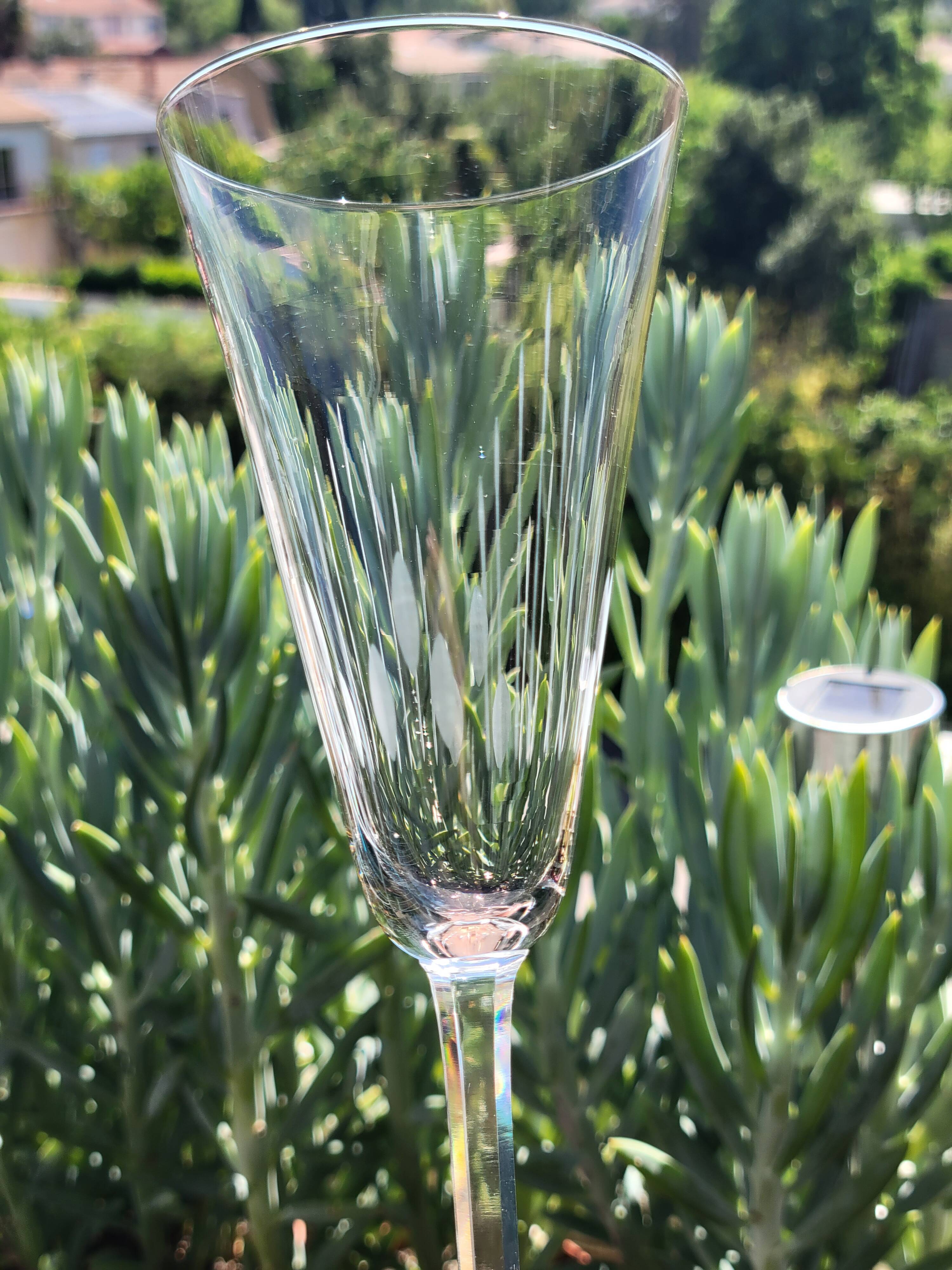 6 old cut crystal champagne flutes