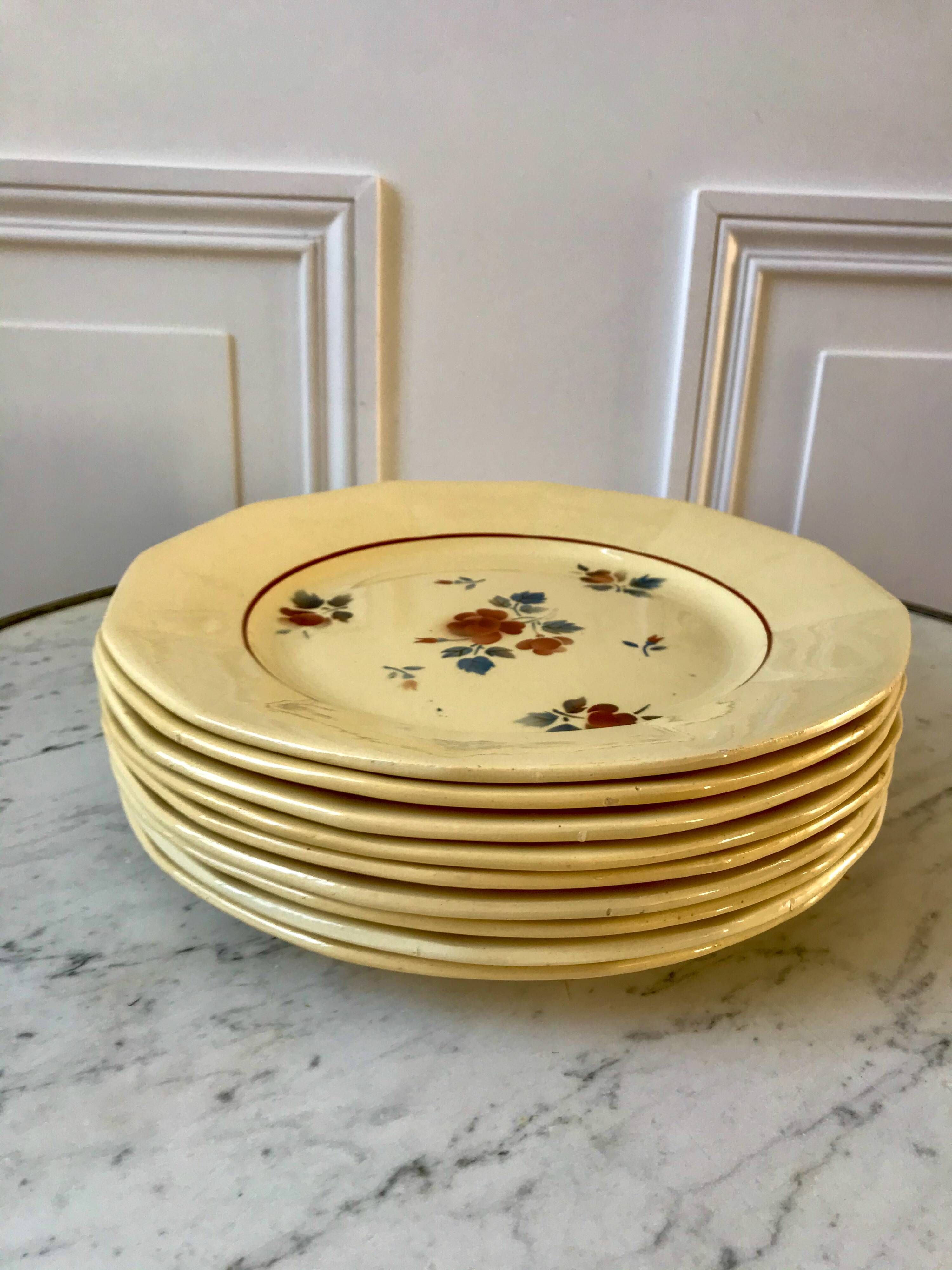 set of 9 Digoin Sarreguemines beige flat plates with pink flowers 1930s-40s