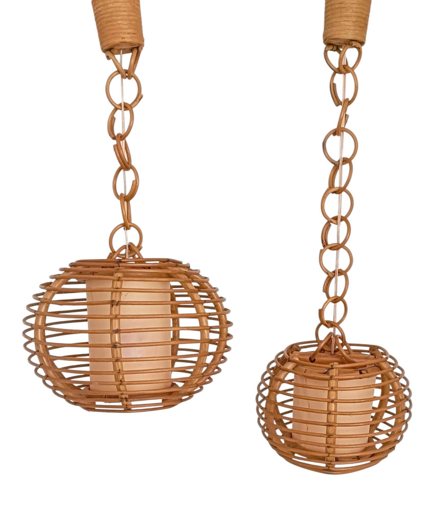 Mid-Century Globe Pendant Lamps, Bamboo & Rattan, c. 1960s