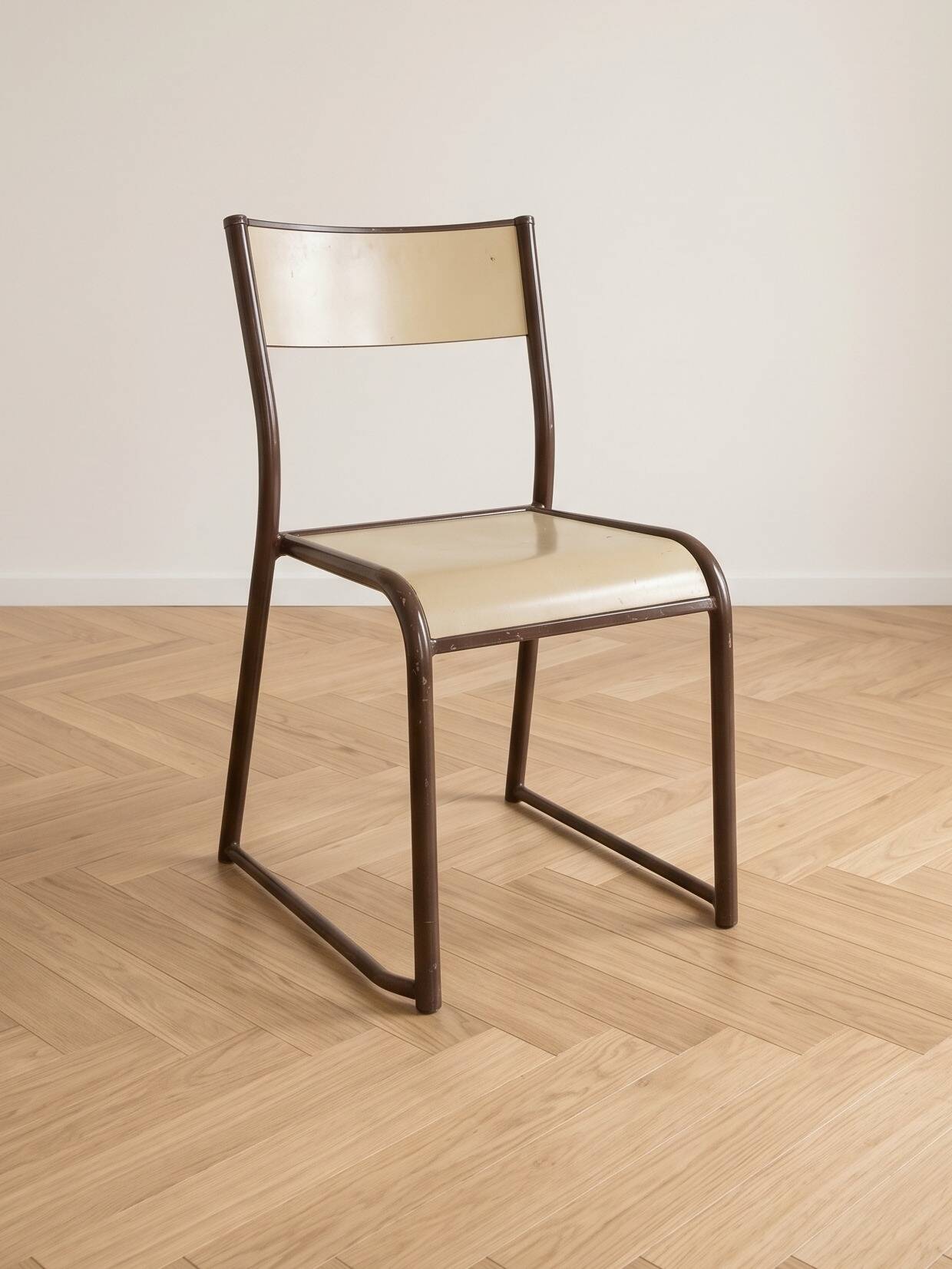 Set of 8 vintage industrial style chairs in metal and wood.