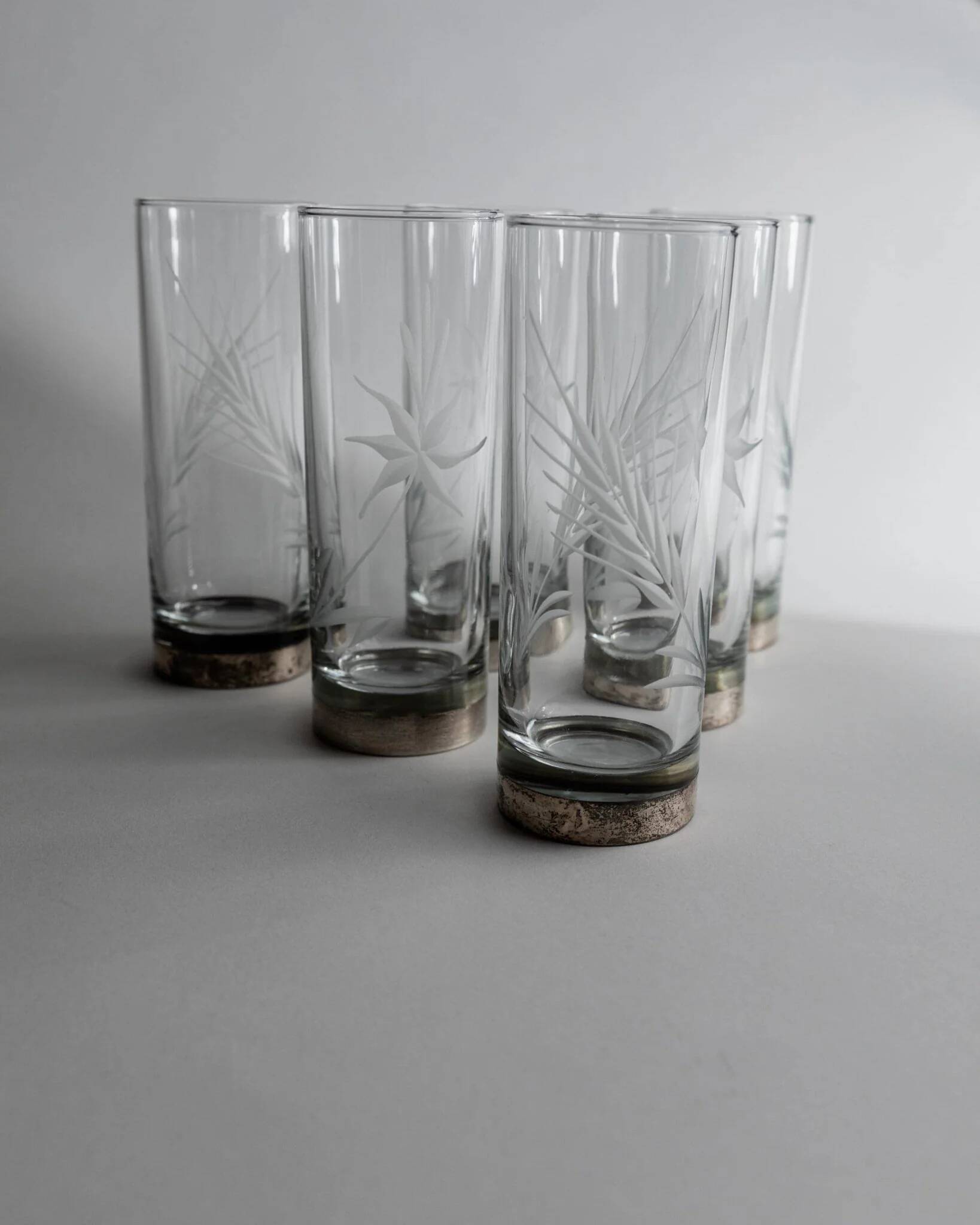 Silver Base Clear Glass Set of 6 - Italian 1960s Etched Wheat and Floral Design