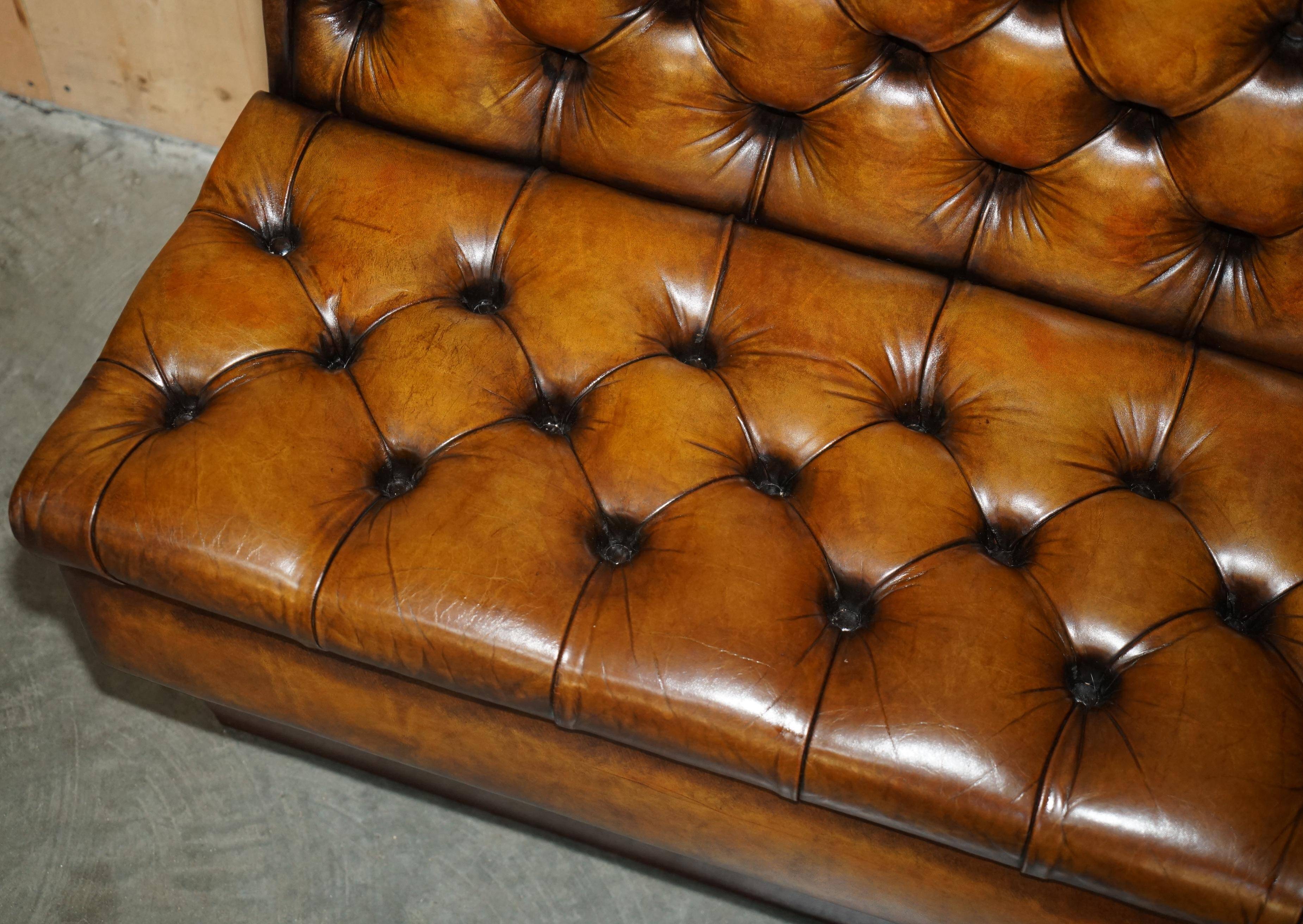 Pair of Victorian Chesterfield pub benches in leather.