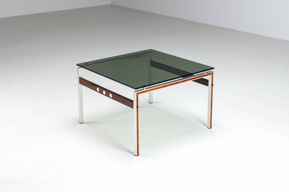 Scandinavian coffee table in metal, teak and smoked glass Denmark 1960