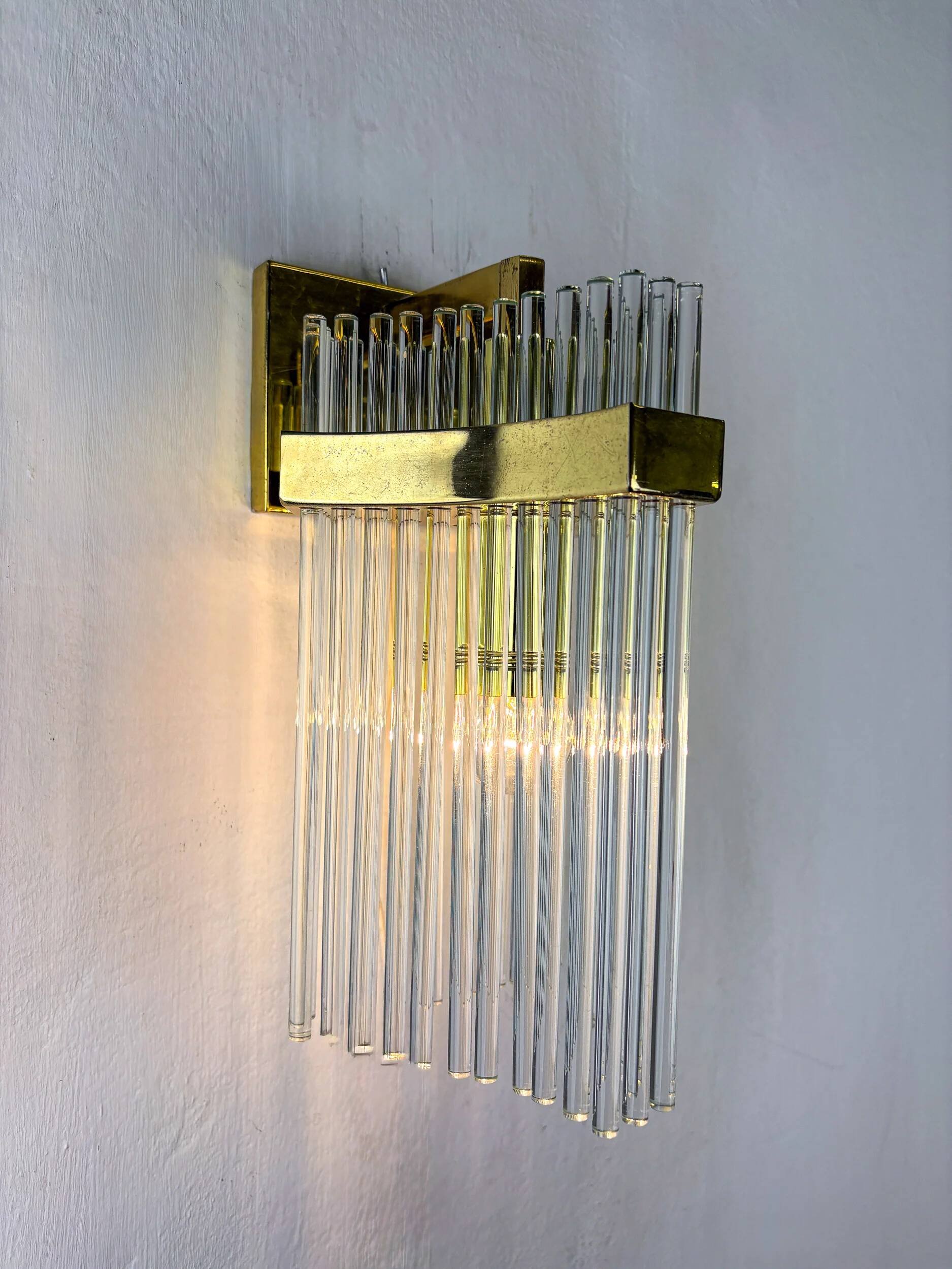 Gaetano Sciolari for Lightolier wall sconce, Murano glass rods & gilt brass, Italy, 1970s