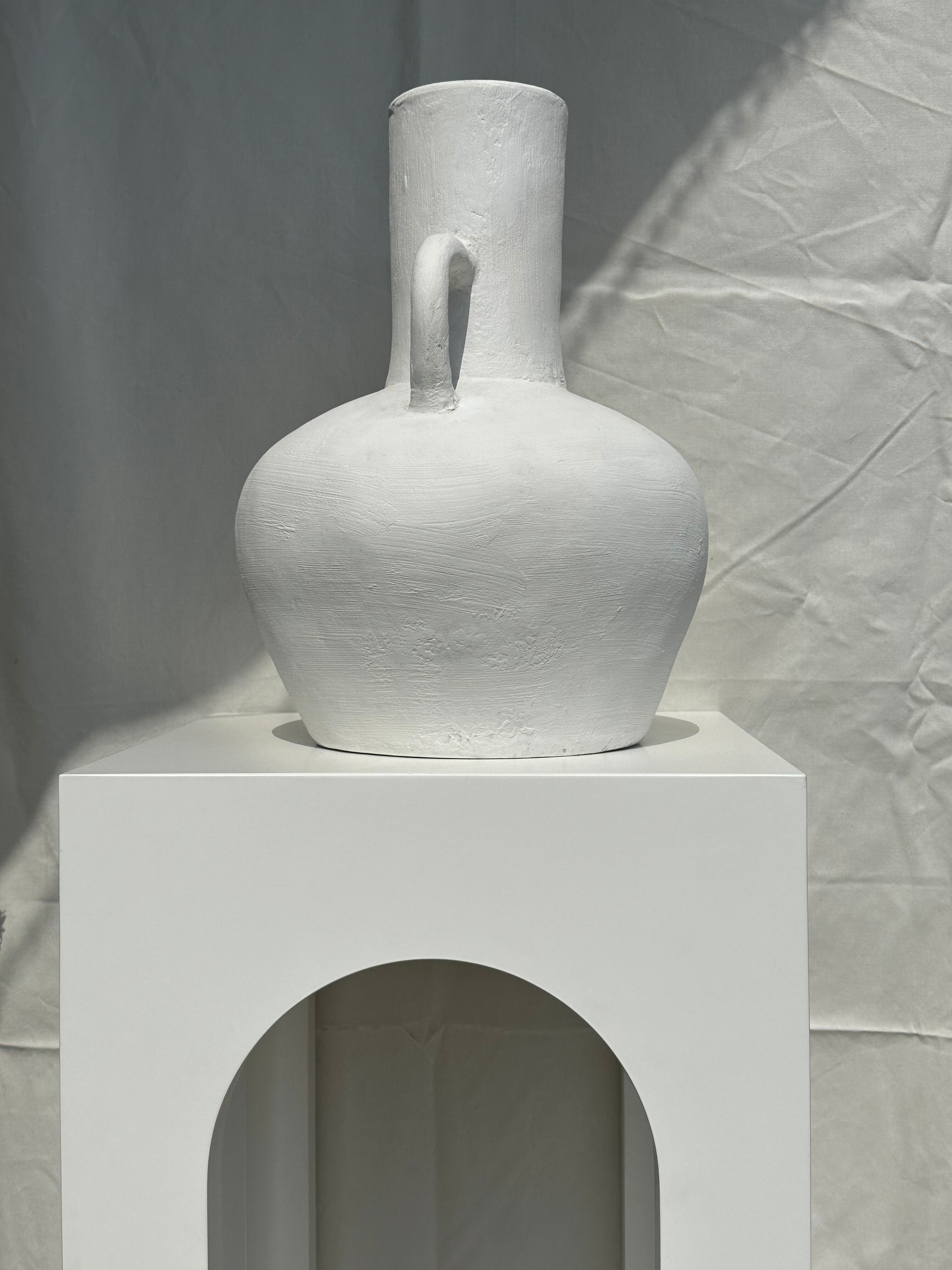 Handcrafted terracotta vase painted white with double handles h:40 d:30