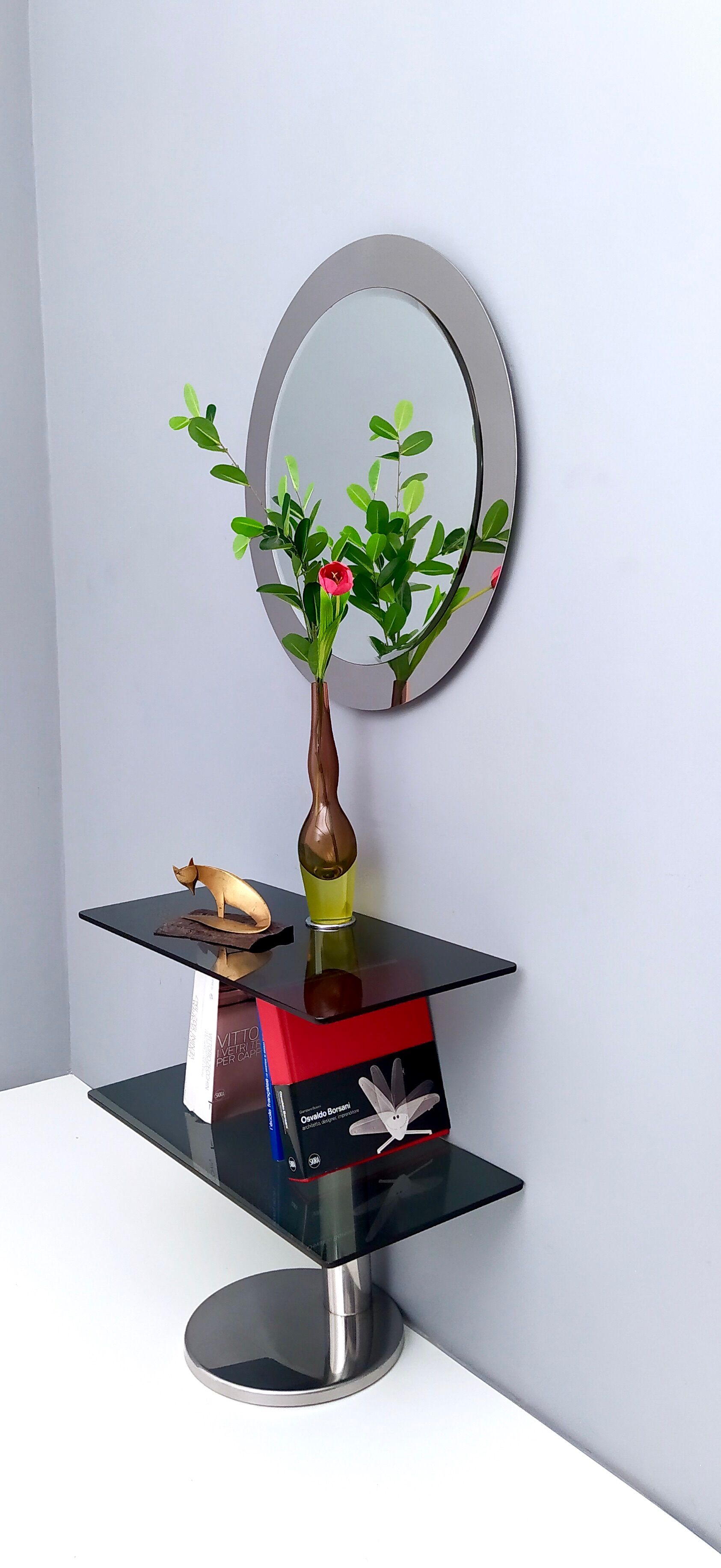 Postmodern Chromed Metal Console Table with Two Smoked Glass Shelves, Italy