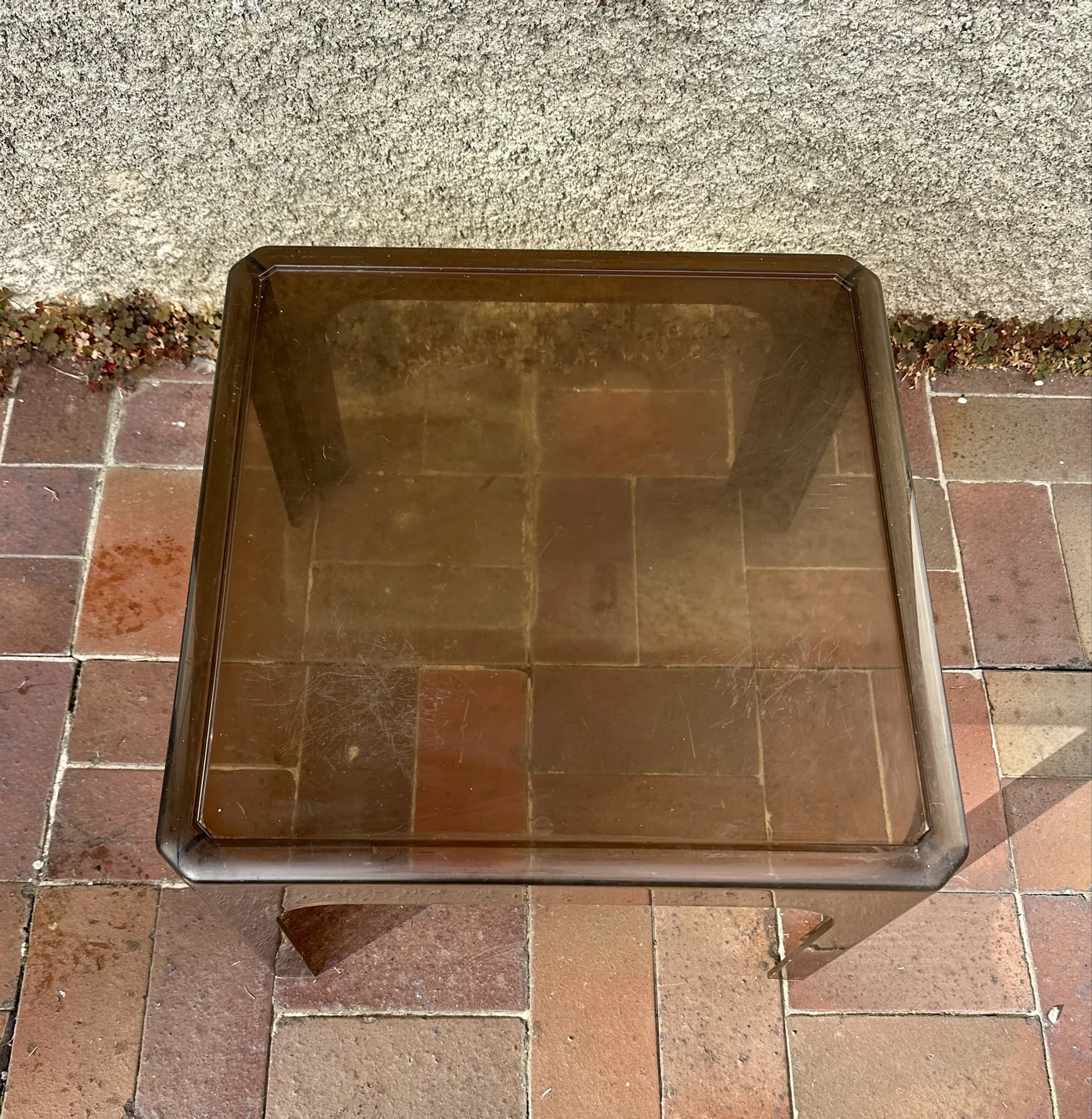 1970s occasional coffee table in smoked Plexiglas by Prisunic