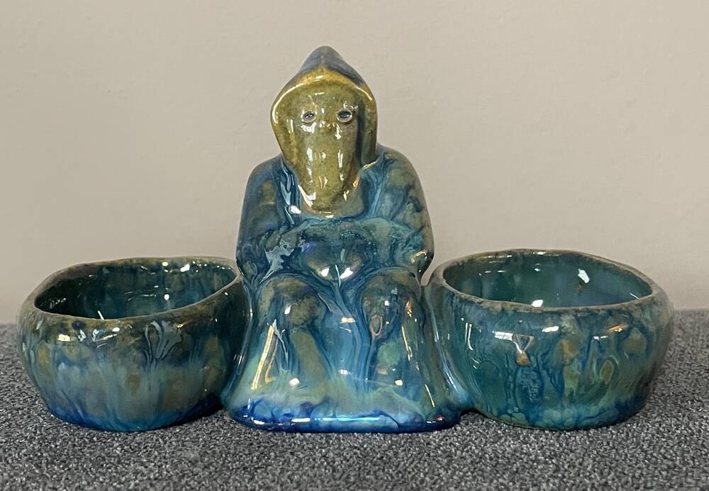 SALERON DOUBLE MONK IN FLAMED STONEWARE FROM RAMBERVILLERS TABLE ART