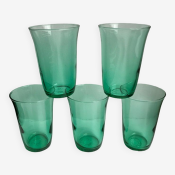 Lot de 5 verres à eau en verre vert made in France années 70