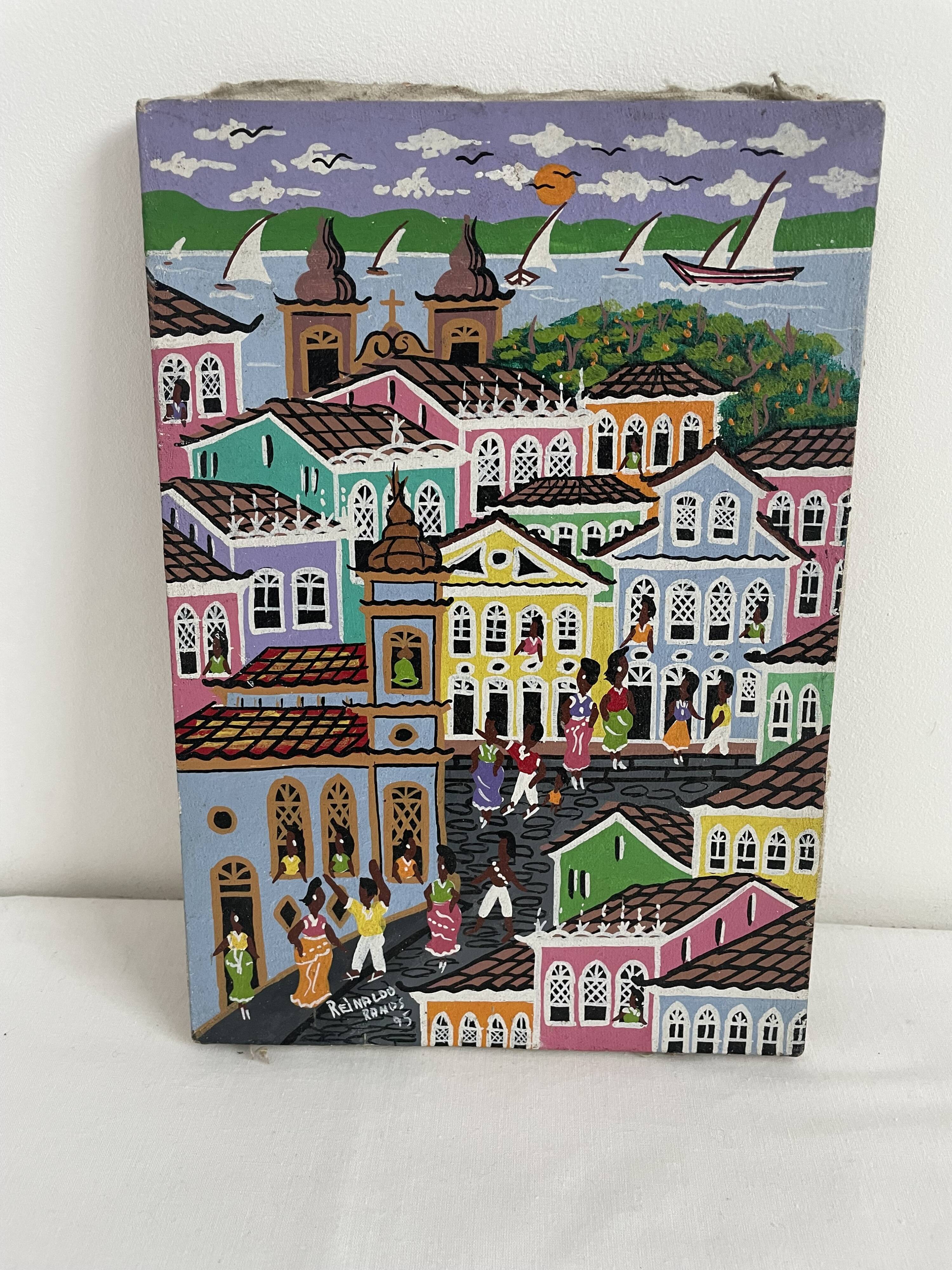 Acrylic painting, naive art, street scene Brazil, colorful colonial houses, sea, sailing boats