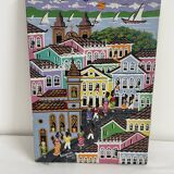Acrylic painting, naive art, street scene Brazil, colorful colonial houses, sea, sailing boats