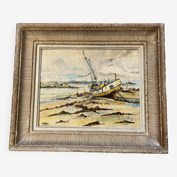 Marine oil painting boat at anchor signed jean paturel with frame