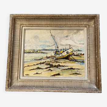 Peinture huile marine bateau au mouillage signee jean paturel avec cadre