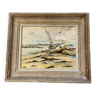 Marine oil painting boat at anchor signed jean paturel with frame