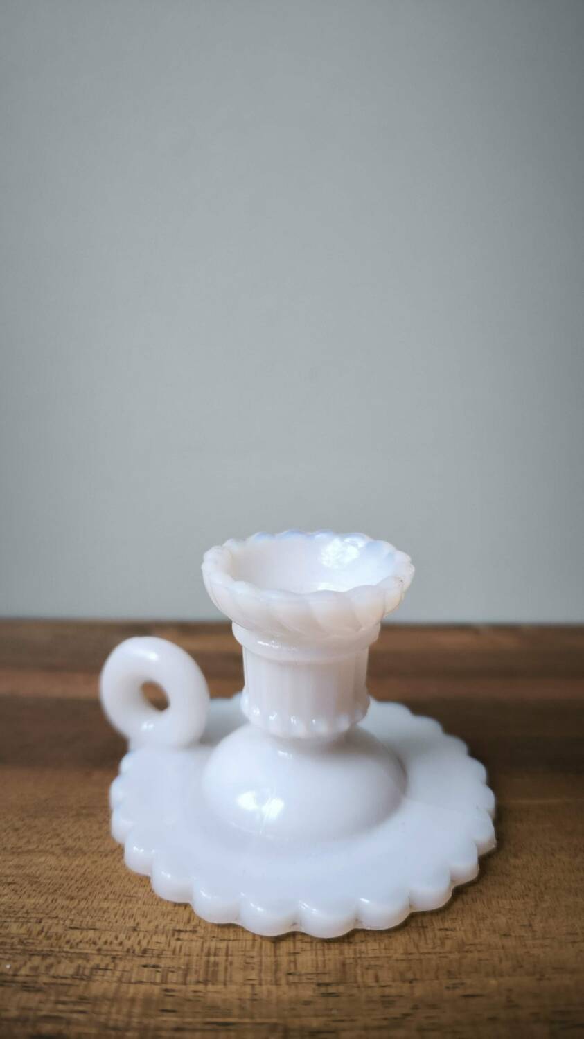 Vintage white opaline glass candle holder in cellar rat style