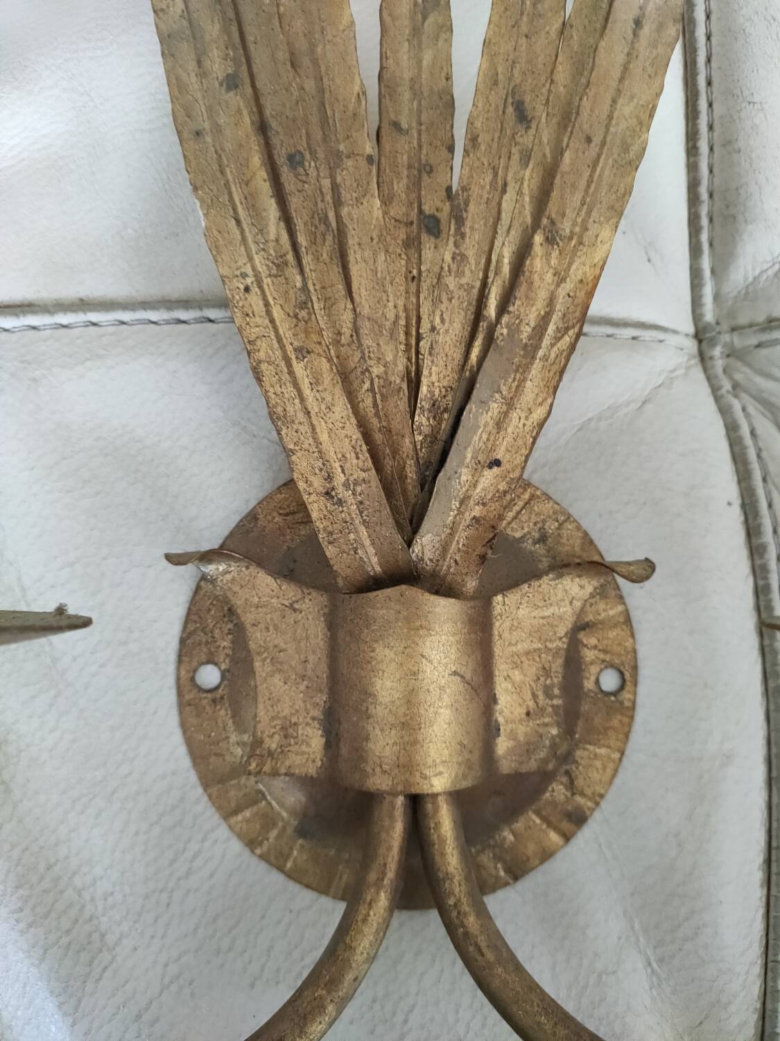Pair of vintage wall lights, two golden arms, foliage