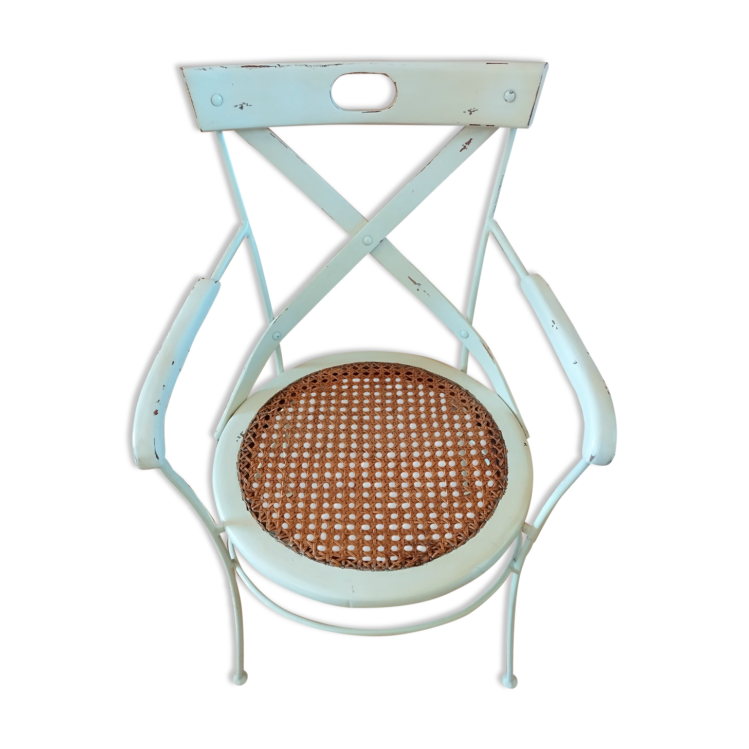 Canned chair with wooden and metal braces