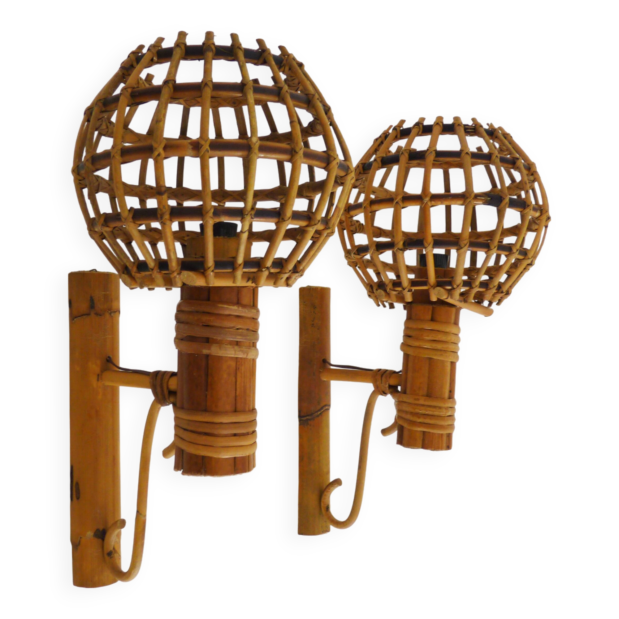 Pair of bamboo rattan lantern wall lights. 50s 60s