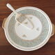 Dish + pie shovel in earthenware Sarreguemines green, cream and gold 1950