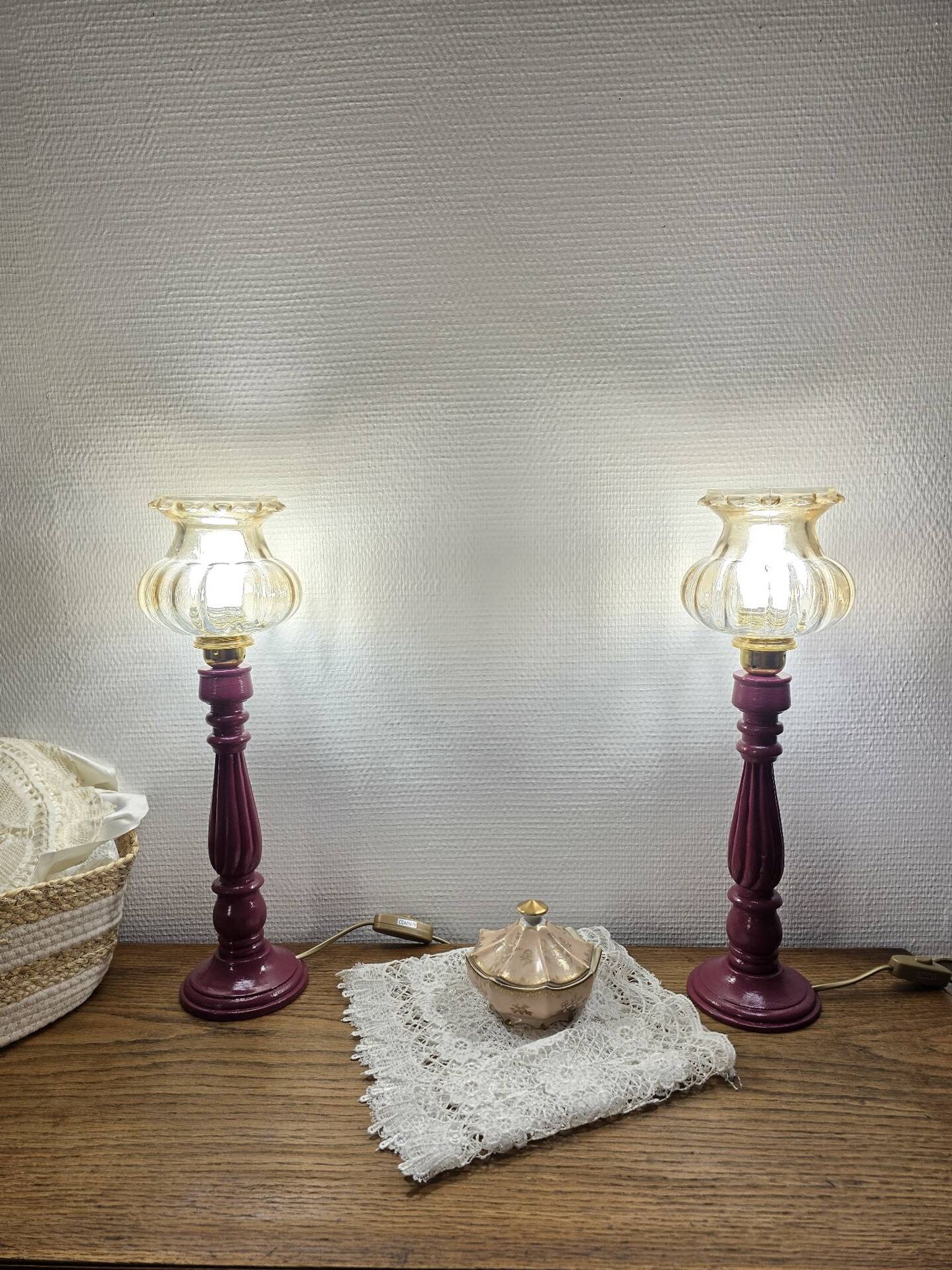 Vintage table lamps – Repainted glossy purple wooden bases + globes a