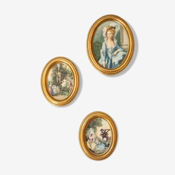 3 cadres ancien  portrait de femme et scènes de jardin