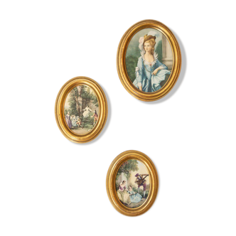3 frames old portrait of woman and garden scenes