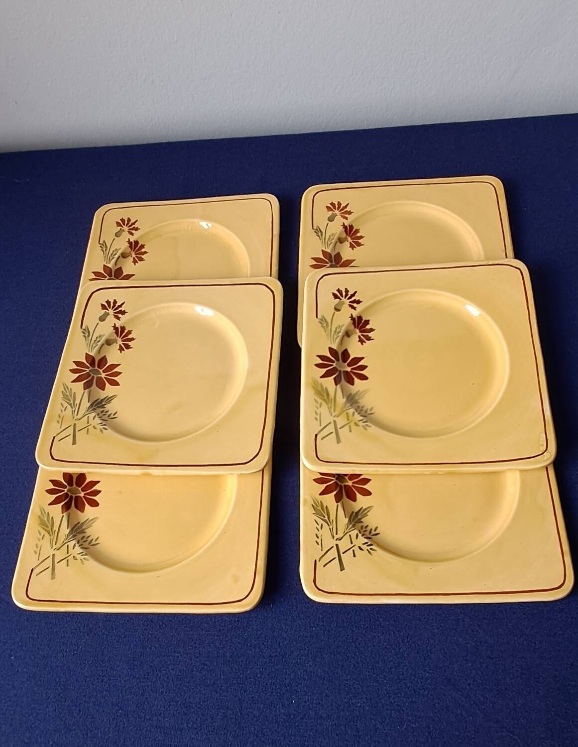 6 square dessert plates, ironstone. 1940s-50s.