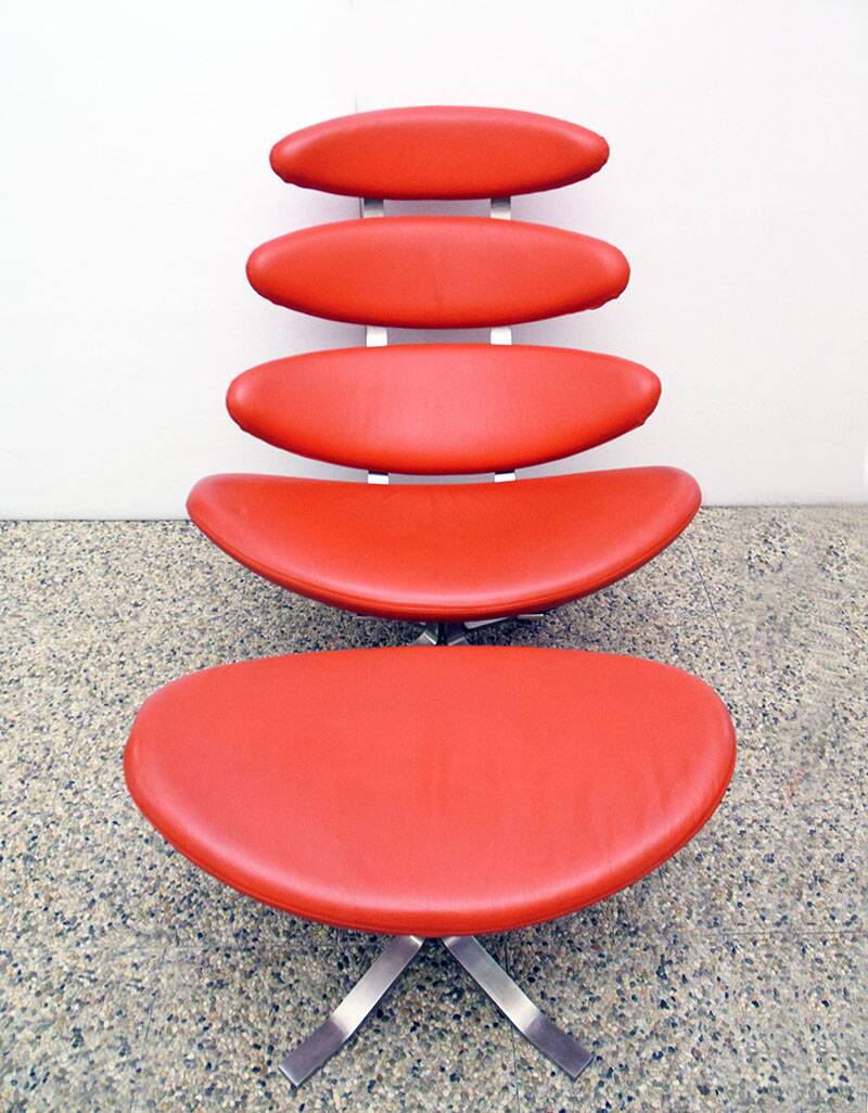 Paul Volther 'Corona Chair' with Ottoman, 1990s Replica in Leather