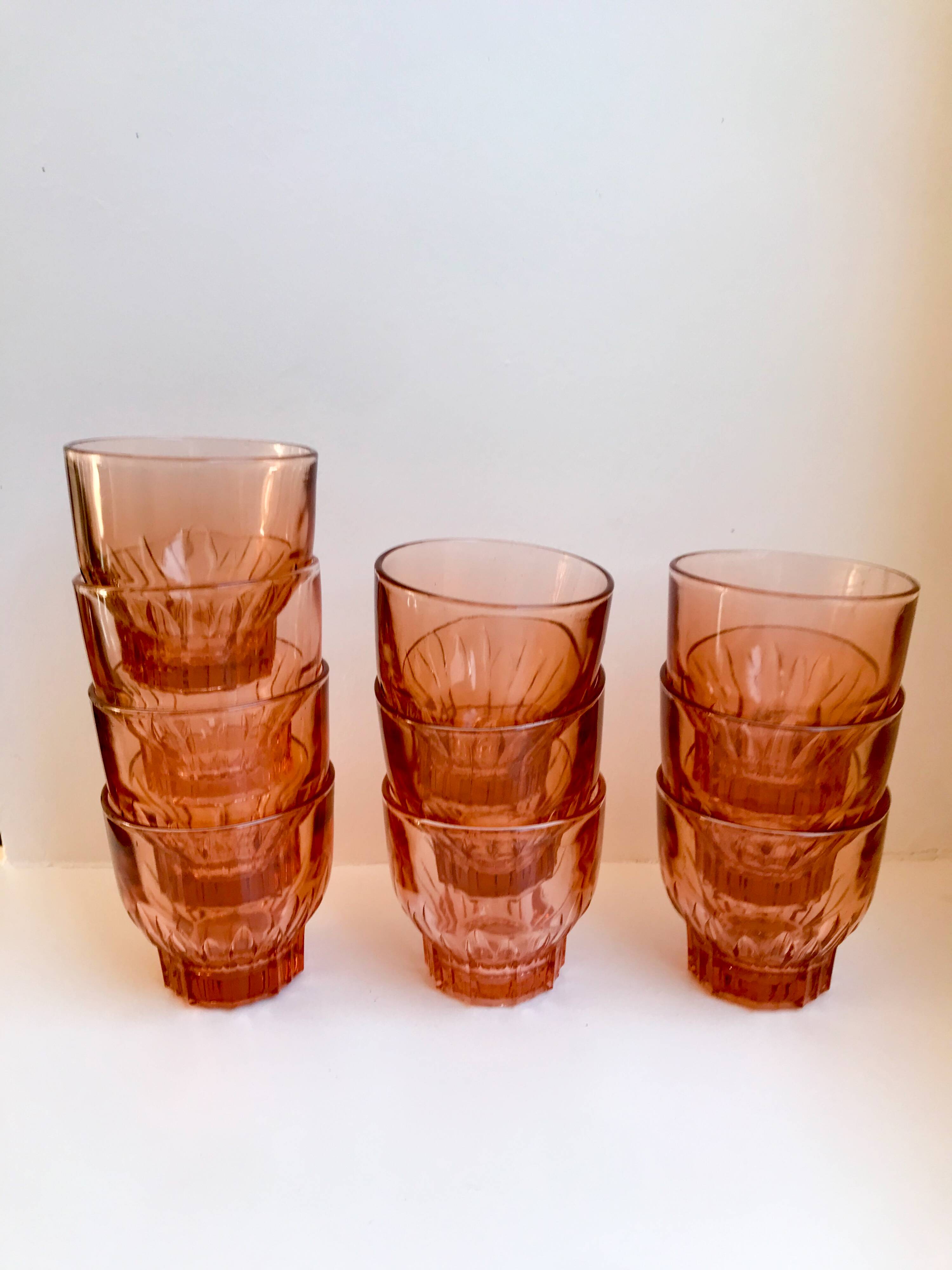 Set of 10 60s pink glass water glasses