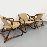 Suite de 3 fauteuils danois vintage esprit safari de Horsnæs Møbelfabrik en rotin et tissu des année