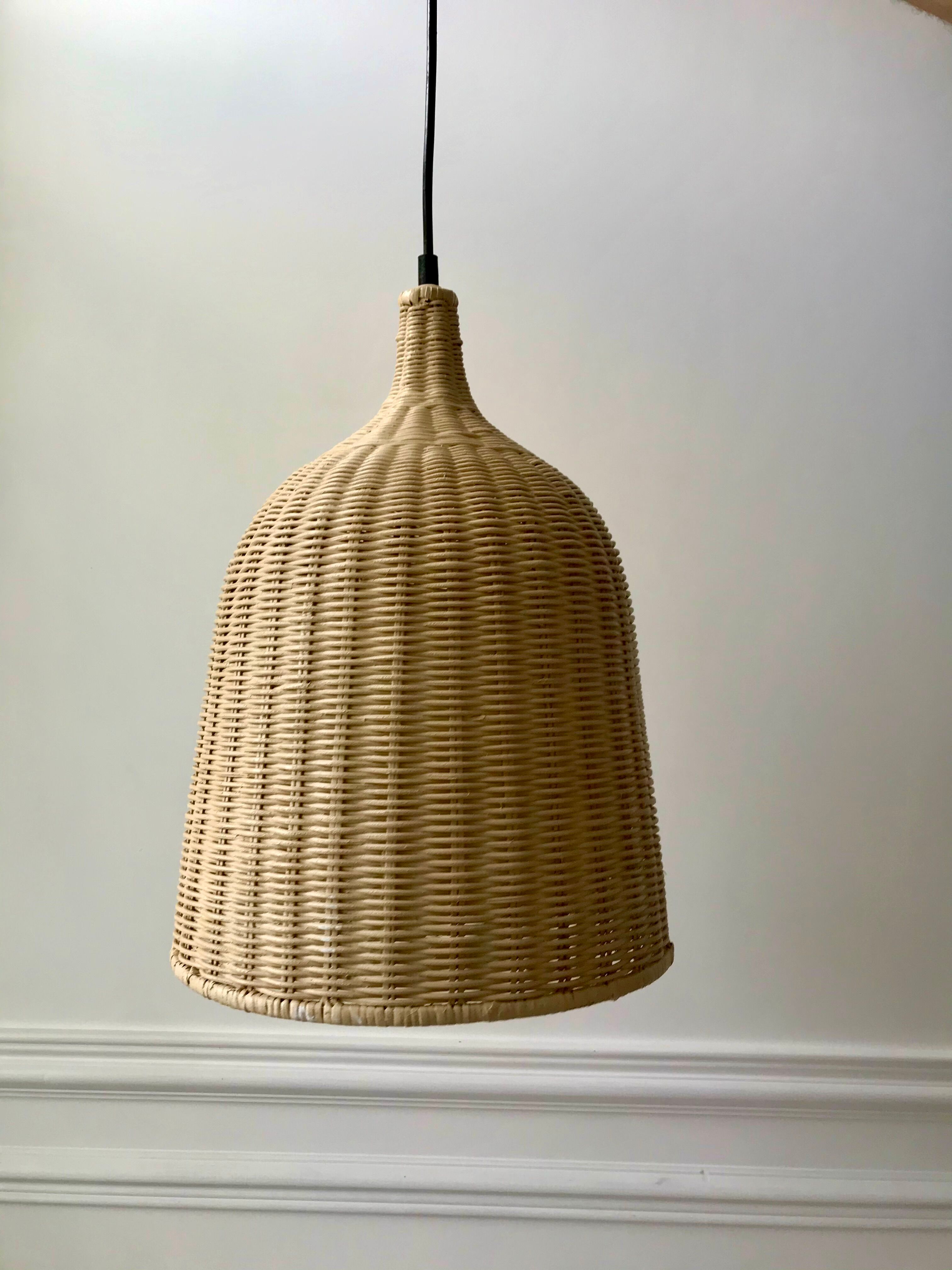 Vintage brushed rattan pendant lamp 80s