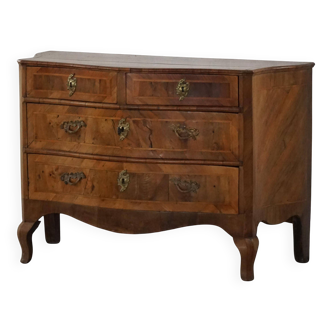 18th century, antique Danish baroque serpentine chest of drawers in walnut.