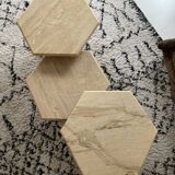 Set of 3 hexagonal coffee tables in 70s travertine