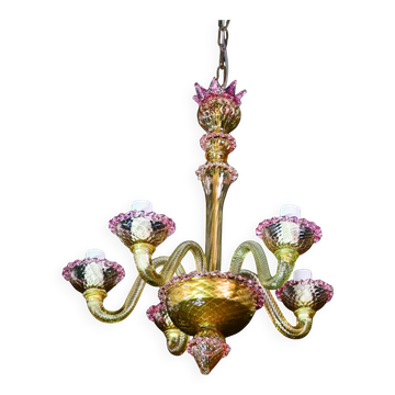 Lustre vénitien en verre rose et doré, années 1950