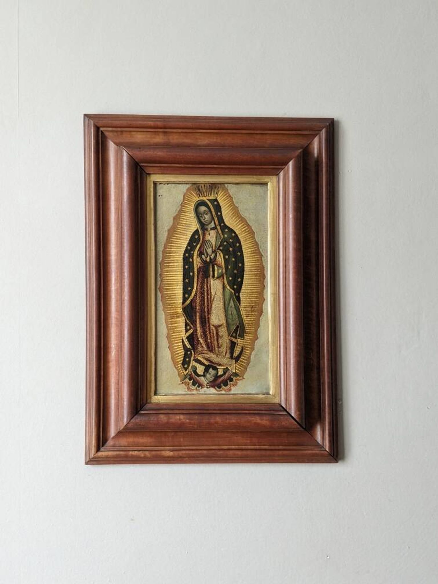 Religious tableau of the Virgin, painting on metal with a handcrafted wooden frame.
