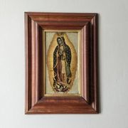 Religious tableau of the Virgin, painting on metal with a handcrafted wooden frame.