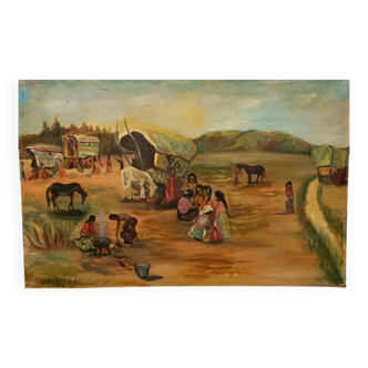Huile sur toile, scène gitane, 1970