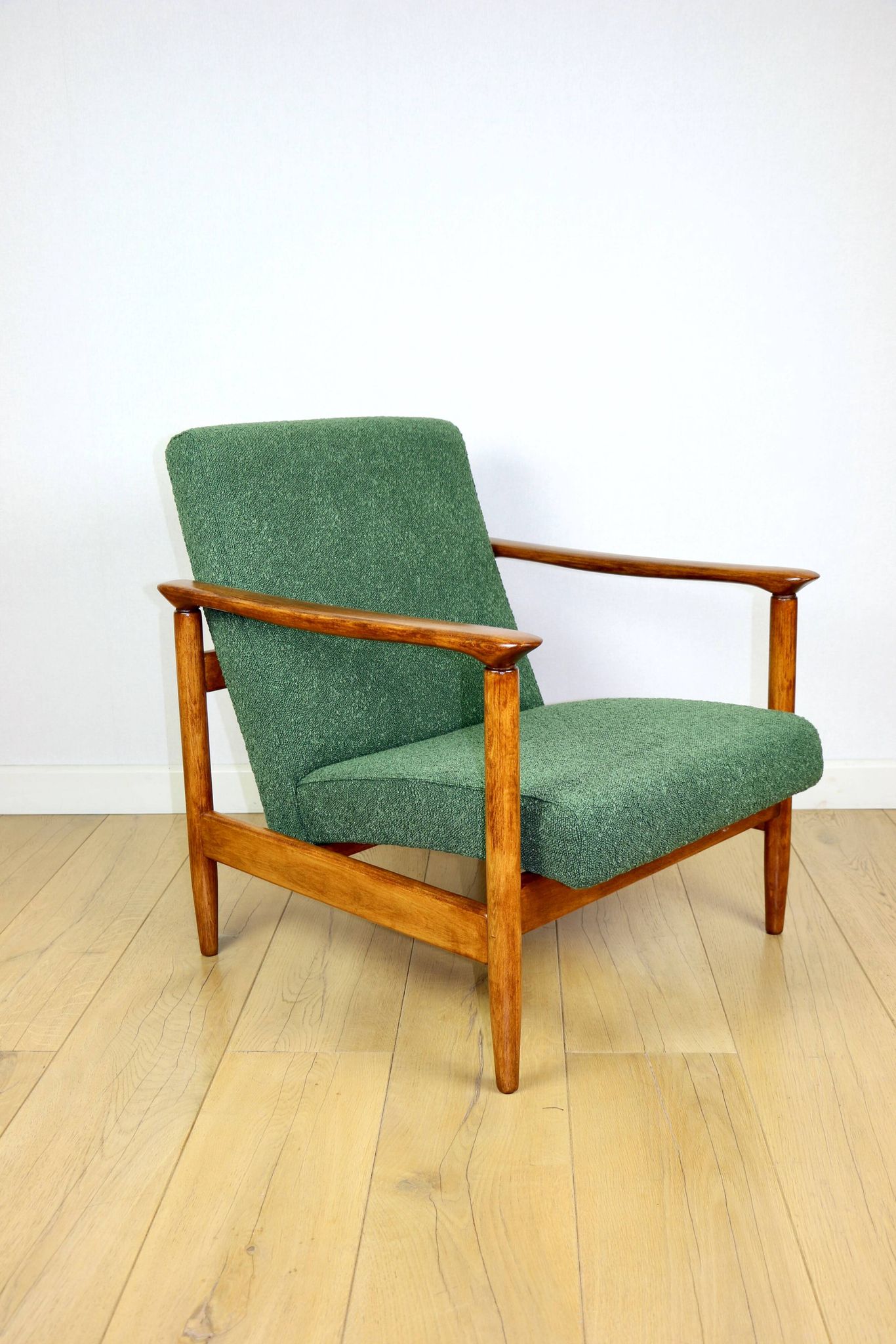 GFM-142 armchair, design by Edmund Homa from the 70s, green boucle - 2 pieces available