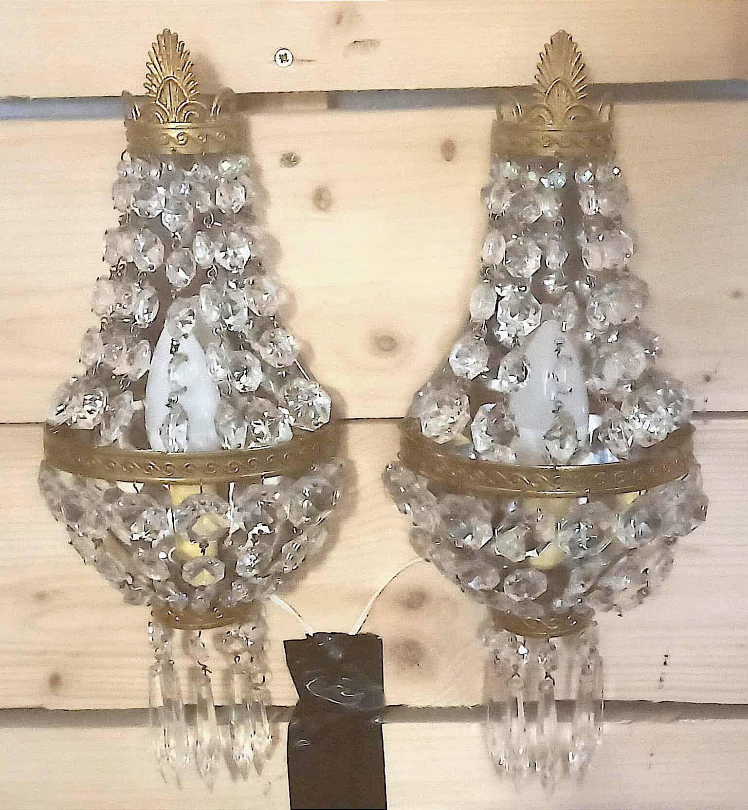 Pair of wall lights with crystal and brass tassels Height 36 cm