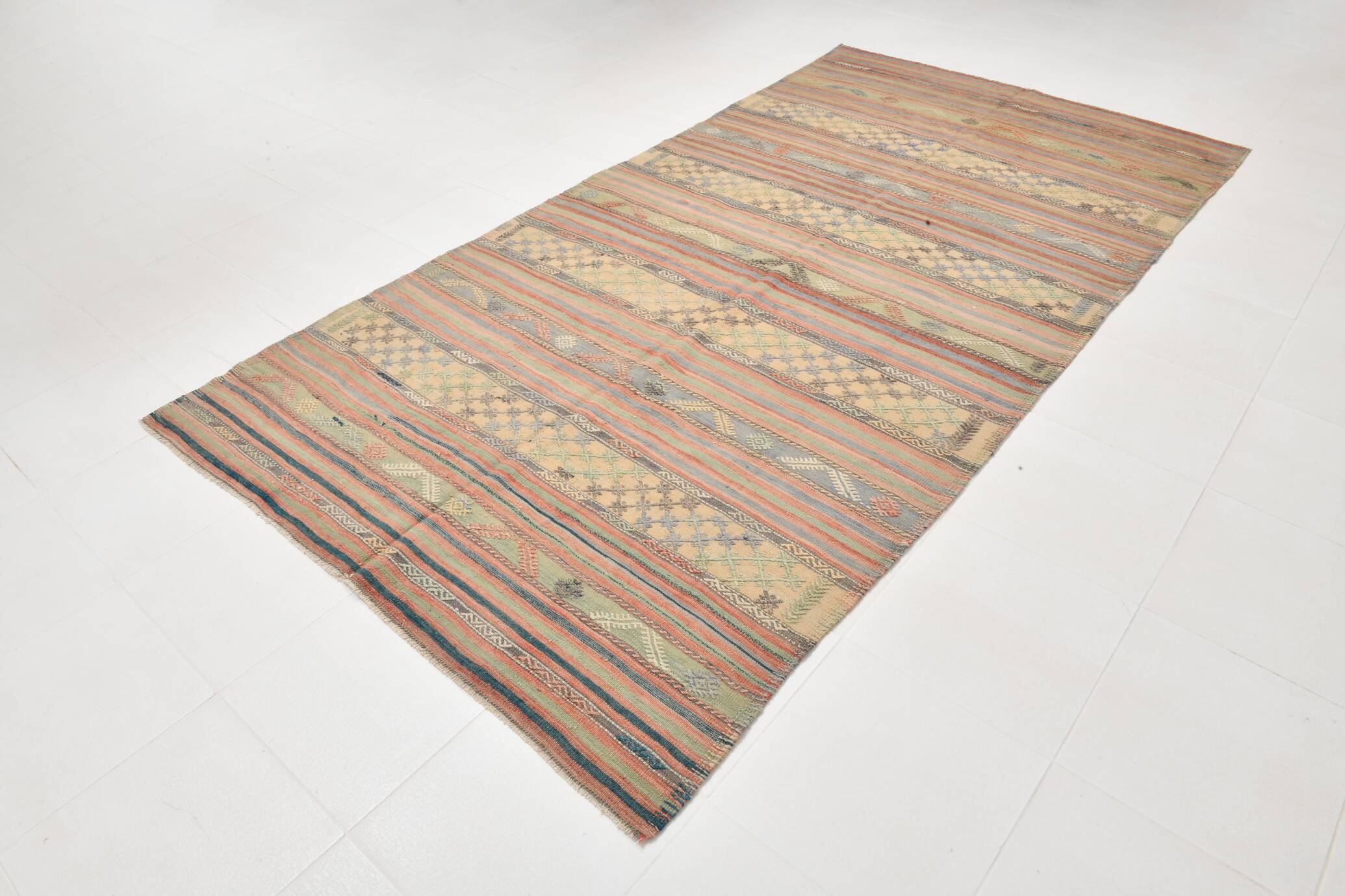 Tapis Kilim en laine tissé main, tons terreux doux, 6 x 11 cm, 169 x 321 cm