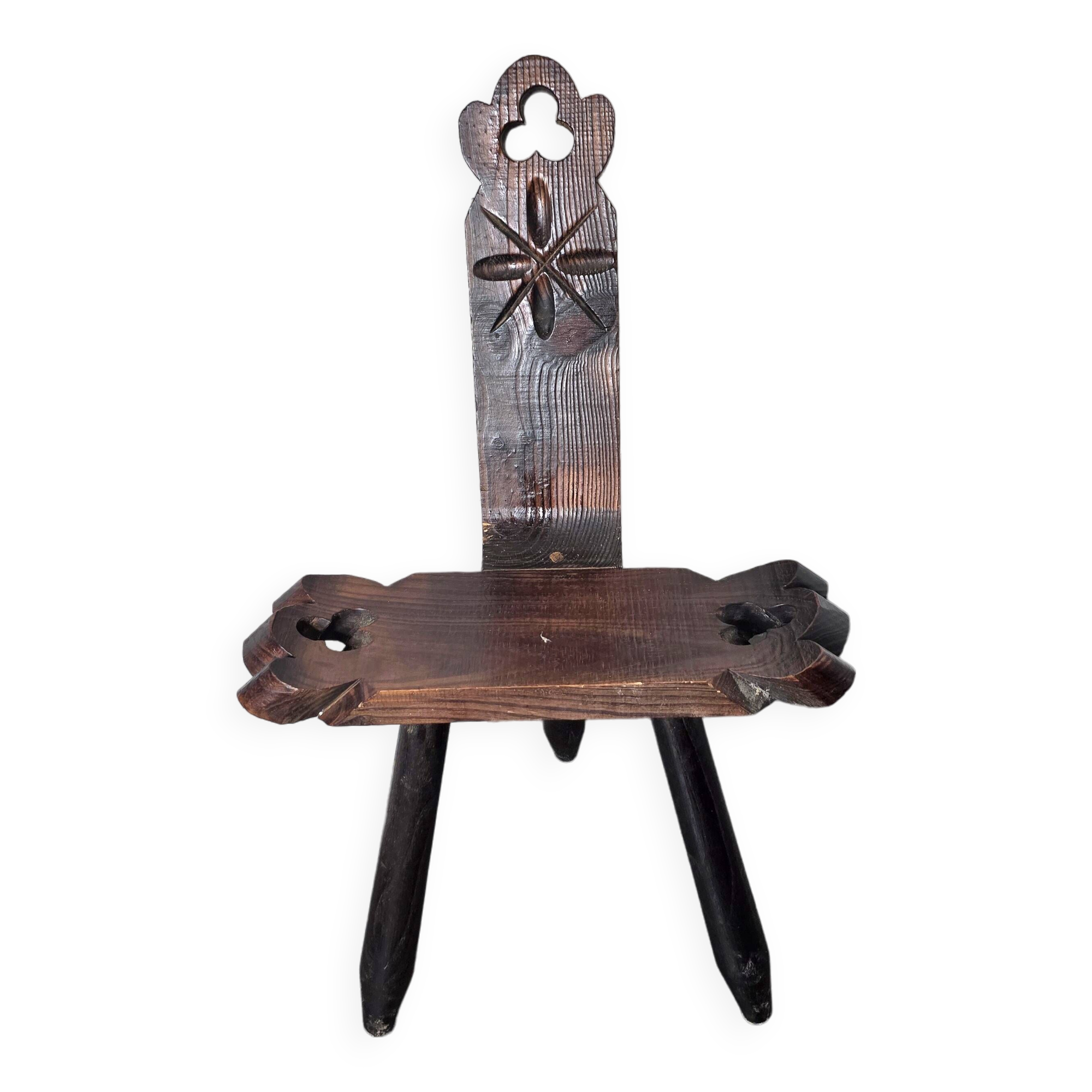 Vintage Spanish tripod chair in carved wood