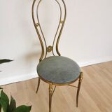 Vintage Paolo Buffa Brass Vanity Chair: Chiavari Style, Blue Fabric, 1950s