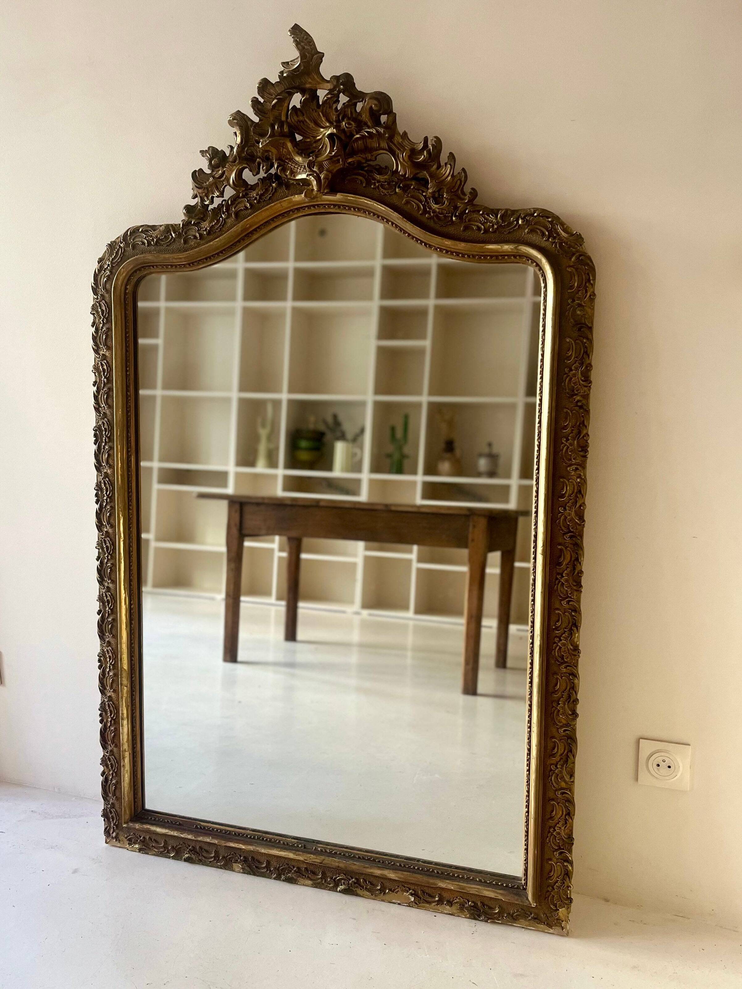 Antique Louis XV rococo mirror with a gilded pediment - 156 x 98 cm
