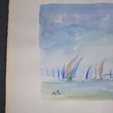 Ecole française xxème siècle d martine : voiliers sur la mer aquarelle