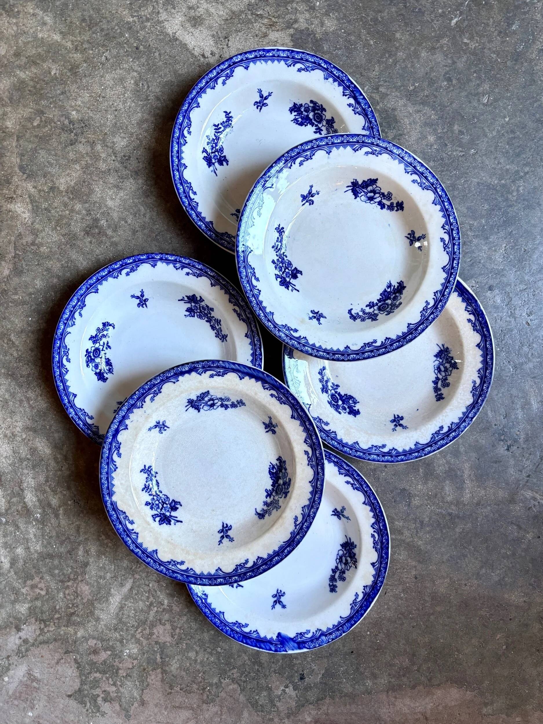 6 Staffordshire blue ironstone soup plates