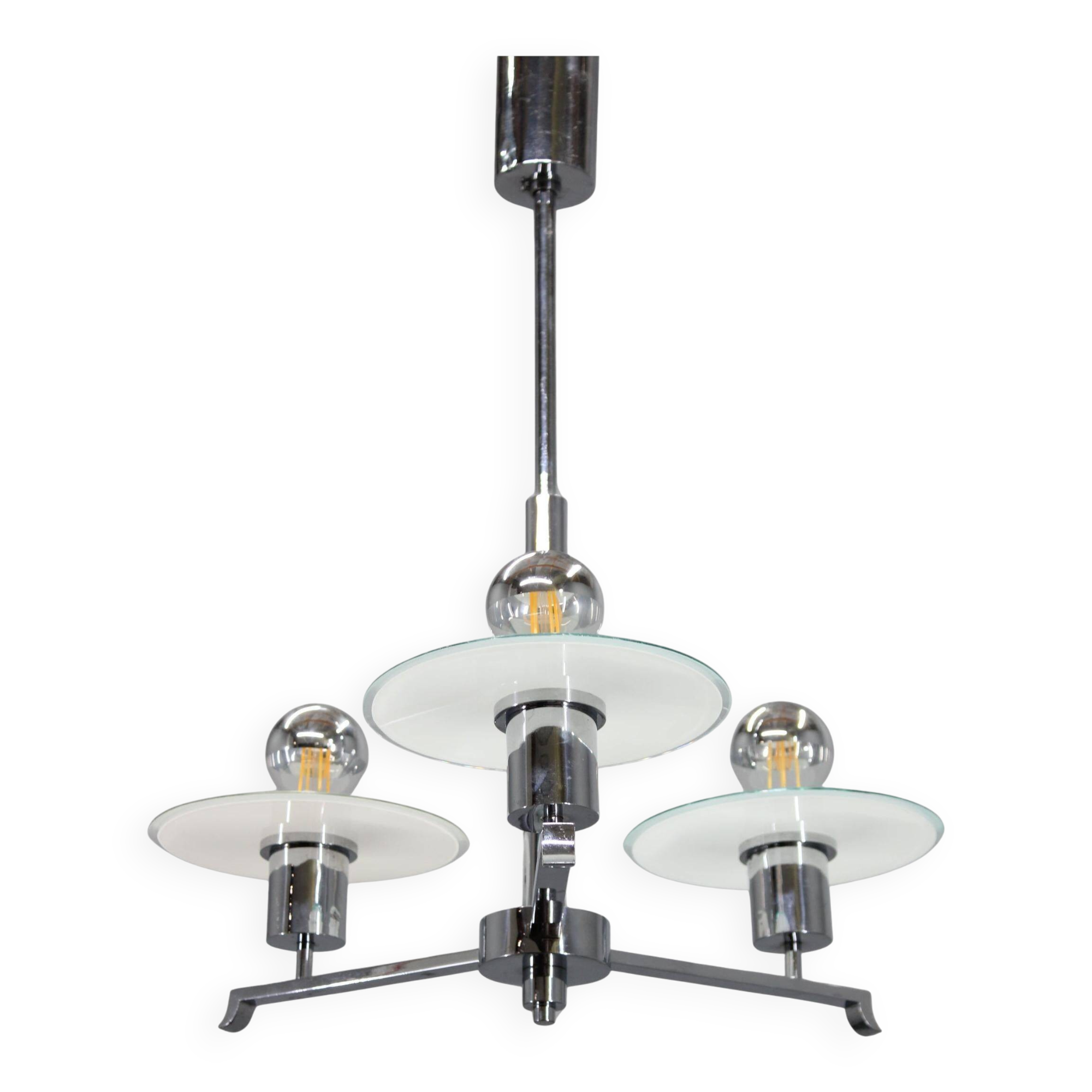 Art Deco chrome and sandblasted glass chandelier, Czechoslovakia, 1940s