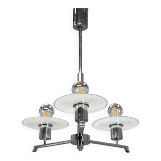 Art Deco chrome and sandblasted glass chandelier, Czechoslovakia, 1940s