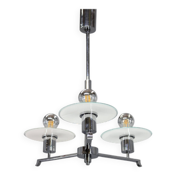 Art Deco chrome and sandblasted glass chandelier, Czechoslovakia, 1940s