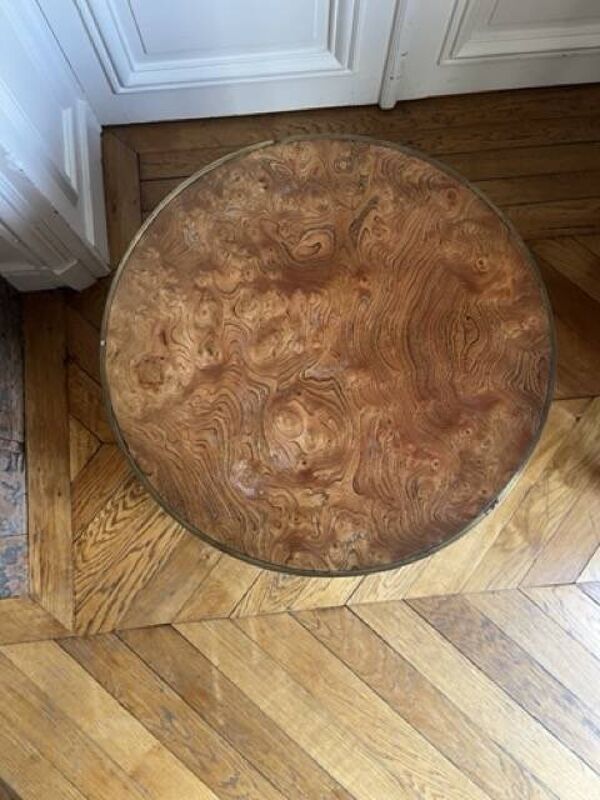 Table d'appoint tambour en loupe de bois avec porte